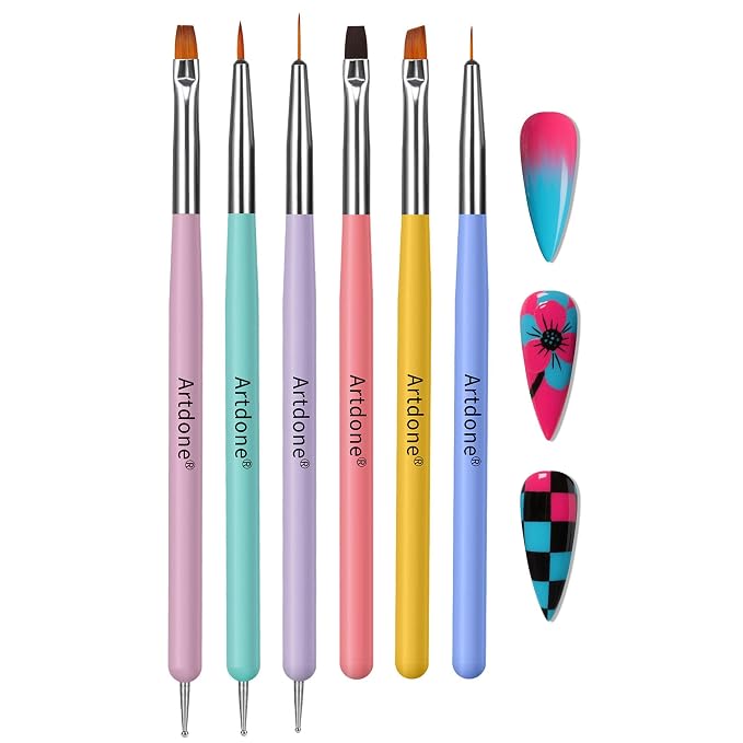 Artdone Nail Art Brushes 6PCS Double-ended Nail Art Brushes Kit Nail Art Gel Polish Liner Brushes Design Pen For Nail Drawing And Nail Paint Brushes Small Detail Brushes