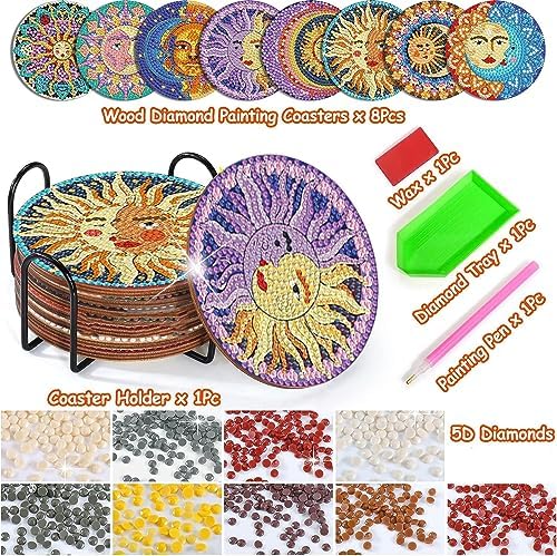8 Pcs Sun and Moon Diamond Art Coasters Kit for Adults with Holder 4x4in