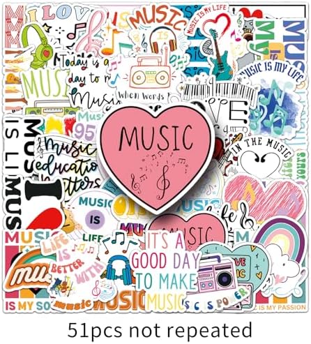 Love Music Inspirational Stickers for Adults, 50 PCS Music Lover Motivational Waterproof Vinyl Stickers, Decor Decals for Guitar Water Bottles Laptop Headphone Instruments Musical Note Scrapbooking