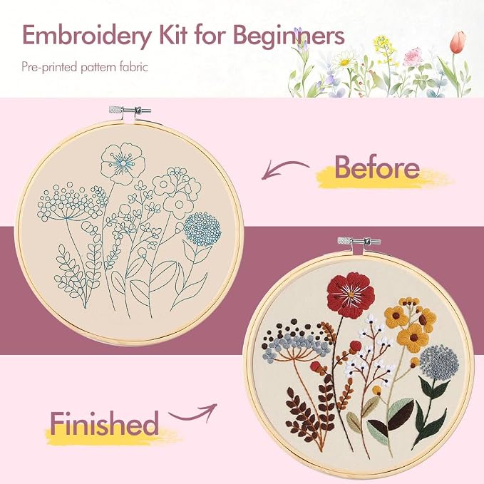 Embroidery Kit, 4 Pack Embroidery Kit for Beginners with Flower Pattern | Cross Stitch Starter Kits for Adults,Hand Embroidery Kit, Stitches Practice, Hand Craft Lover