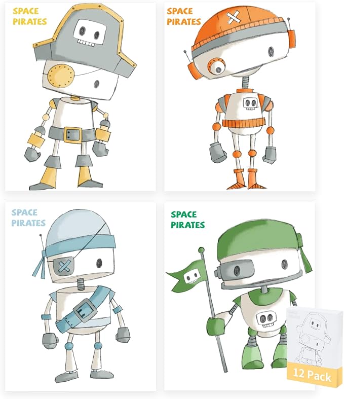 Pre Drawn Painting Canvas for Painting, 8x10 Inch Canvas Boards 12 Pack (Space Pirate Robot Designs), Canvas Panels for Acrylic Paint, Watercolor, Markers & DIY Craft Projects