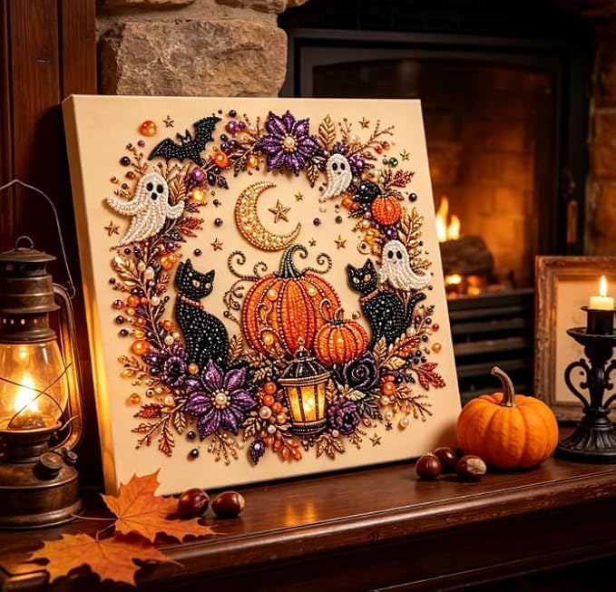 Halloween Ghost Pearl Art DIY Kit, Pearl Painting Kits for Adults, Pearls Diamond Art, Spooky-Cute Design, Fall Home Decor, Wall Art, Adults Craft Kit, 3D DIY Pearl Painting (Pumpkin Cat)