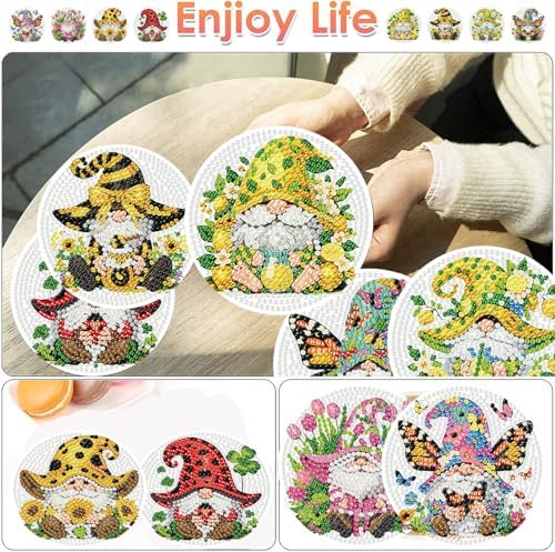 ijbnhd 8 PCS Diamond Art Coasters Gnomes Diamond Painting Coasters