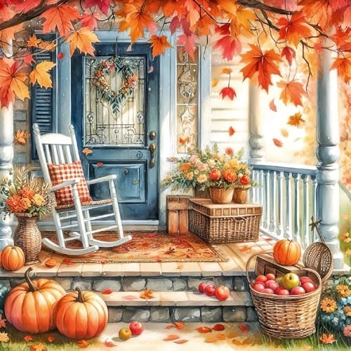 GEWOUVIN Fall Couryard Diamond Art Kits for Adults,Autumn Chair Diamond Painting Kits for Adults Beginners, DIY Full 5D Round Drill Gem Art Kits for Gift Home Wall Decor【13.8x13.8inch】