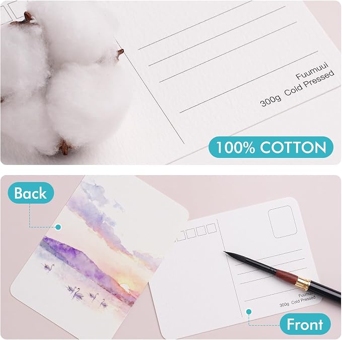 Fuumuui 40 Cards Watercolor Postcards Blank 4 x 6 inch, 140lb/300gsm, 100% Cotton Cold-Pressed Art Paper for Painting, DIY, Mailing, Invitations, Greeting Cards
