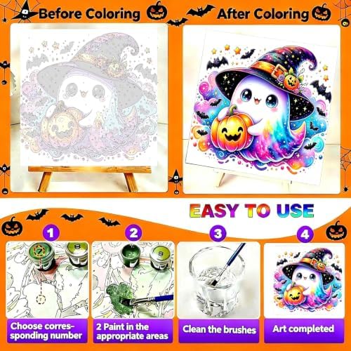 Tabszca 4 Pack Halloween Paint by Numbers Kit for Kids with Frame 8x8 Inch