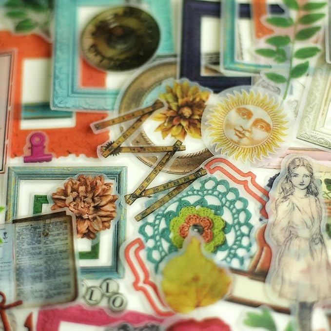 CATaireen Vintage Junk Journal Ephemera Scrapbooking Supplies Translucent Vellum Paper Stickers Card Making Decal Art Aesthetic for Adults (Character Frame Art)