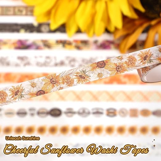 icceemee 20 Rolls Sunflower Theme Washi Tape Set with Different Colorful Patterns, Writable Decorative Tapes for Scrapbooking, Junk Journal Supplies, Bullet Journaling, 0.39'' x 79'' per Roll