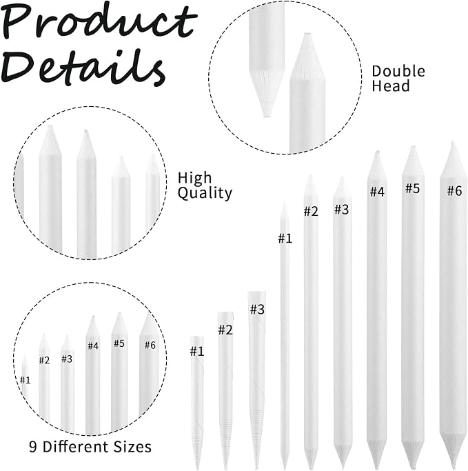 216 Pcs Blending Stumps and Tortillions Set, 9 Sizes Blending Pencils for Sketch Drawing, Shading, Pastel, Graphite, White Drawing Sketching Supplies for Artists