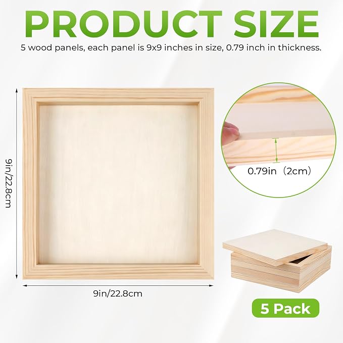 FSWCCK 5 Pack 9 x 9 inch Wood Panel Boards, Unfinished Wood Canvas Panels for Crafts, Painting Canvas, DIY Art Projects, Pouring, Arts Use with Oils, Acrylics