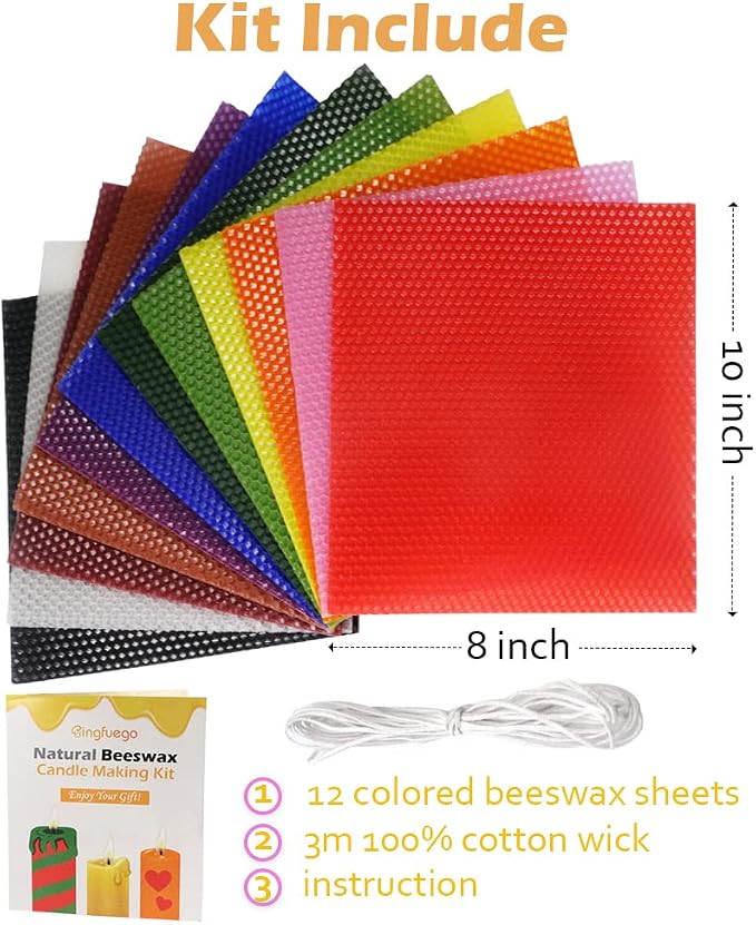 Bingfuego Beeswax Candle Making Kit for Beginners-12 Beeswax Sheets for Candle Making Rolling Kits, Natural Beeswax Candle Making Kit (Classic Color, 10 x 8 inch)