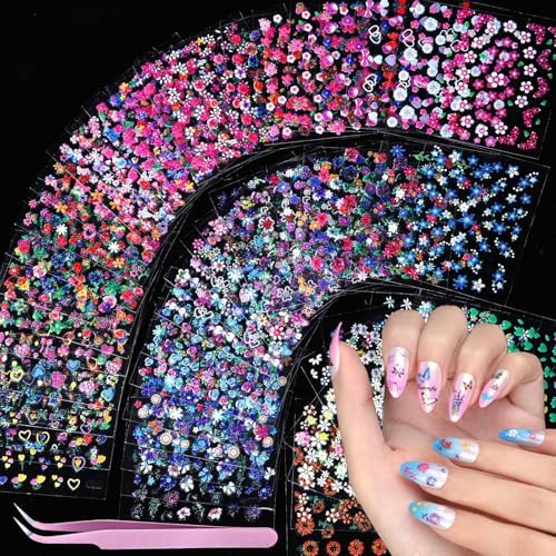 Teenitor 50 Sheets Flower Nail Stickers for Nail Art, Floral Nail Decals Nail Art Stickers for Kids, Butterfly Fingernail Stickers for Women, Cute 3D Self Adhesive Nail Decor for Spring Summer