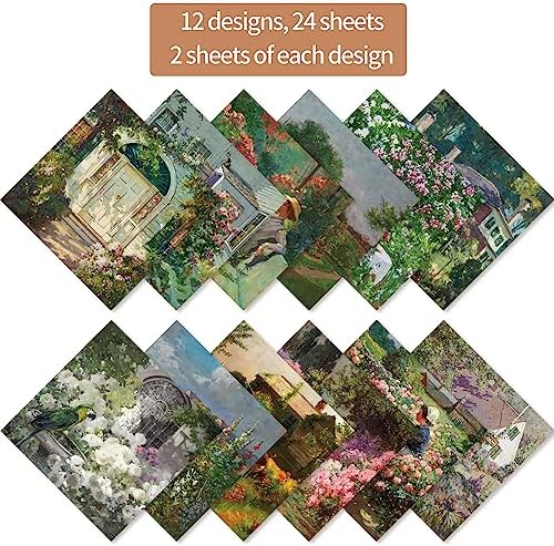 6x6" Cardstock Single Sided Scrapbooking,Craft Decorative Scrap Book Paper | 160gsm,24-Sheet 12Patterns Colored Paper,Junk Journal Supplies,Vivid Origami Papers DIY Craft Gift Wrapping Album.Courtyard
