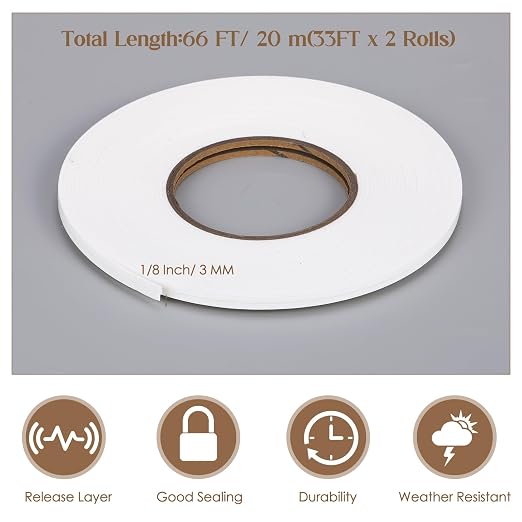 Tatuo 2 Rolls Double Sided Foam Tape for Mounting,1/8 Inch by 33 Feet,White