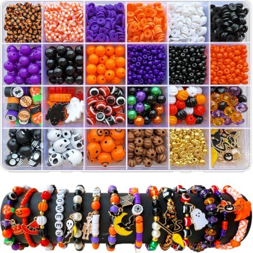XBYzuzi 2600Pcs Halloween Beads for Bracelets Jewelry Making Kit, Orange Black White Purple alloween Polymer Clay Beads Pumpkin Evil Eye Skull Bead with Ghost Spider Charms for DIY Craft Earring