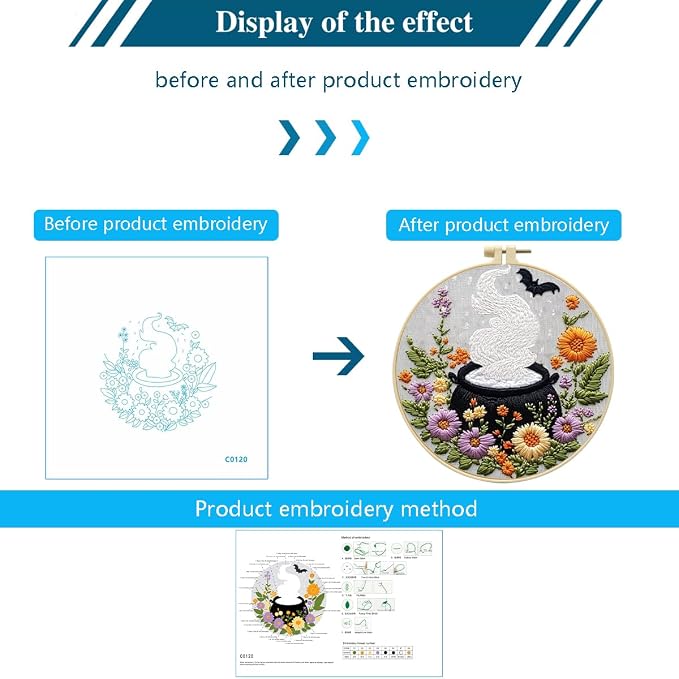 Zhenqing Halloween Cauldron Embroidery Kit for Beginners, Magic Pot Witch Decor Needlework Kit with Pre-Printed Cotton Fabric, Hoop, Threads & Tools, Spooky DIY Wall Art (C0120)