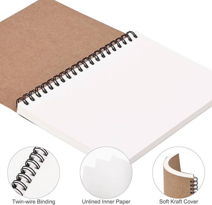 EOOUT 3 Pack Blank Spiral Notebooks B6 Sketchbooks, 140 Pages / 70 Sheets, Unlined Journals 5 x 7in 100GSM for Drawing, Art, Students, Office (Kraft)
