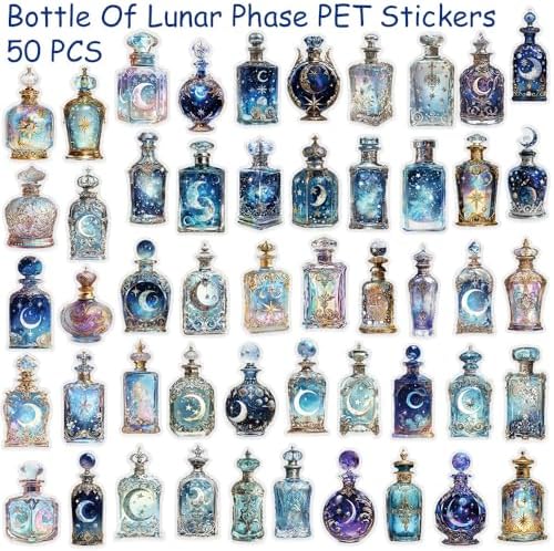 50pcs PET Vinyl Stickers Scrapbook, Self-Adhesive Waterproof Vinyl Sticker for Laptops, Aesthetic Decor Journal Stickers Planner Accessories for Luggage, Water Bottles.Lunar Bottle