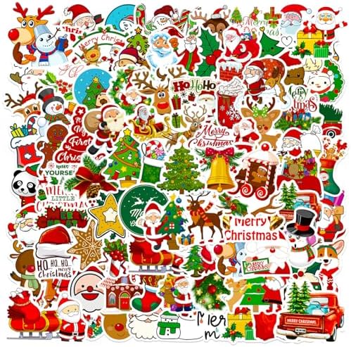 Christmas Theme Stickers, 100Pcs Vinyl Waterproof Merry Christmas Stickers for Envelopes Gifts Tags Crafts Snowboard Decorations, Funny Christmas Holiday Party Favors for Kids Teens Aduts