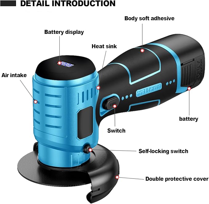 ZFULVO Cordless Angle Grinder Brushless Kit 19500rpm Cutting and Grinding | 3-Inch Mini Electric Angle Grinding Tool, 2x16.8V 2000mAh Battery & 6-Cutting Discs Grinder Handheld Cutter for Metal Wood