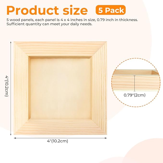 FSWCCK 5 Pack 4 x 4 inch Wood Panel Boards, Unfinished Wood Canvas Panels for Crafts, Painting Canvas, DIY Art Projects, Pouring, Arts Use with Oils, Acrylics