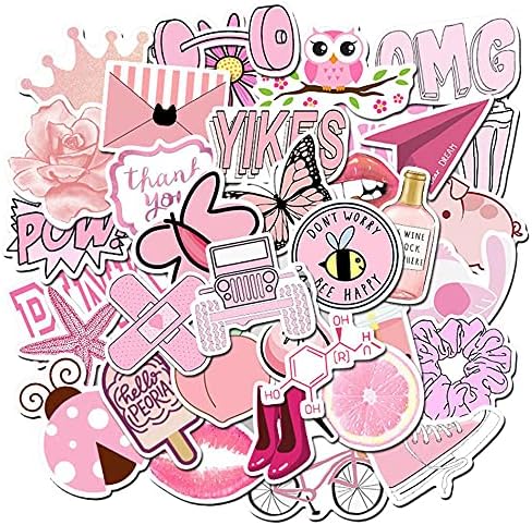 Girl's Pink Aesthetic Stickers - Waterproof Cute Stickers 50 PCS for Water Bottle, Laptop, Phone - Teens & Kids