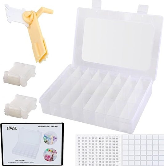Embroidery Floss Organizer, Cross Stitch Thread Storage Box Tools - Bobbin Winder, 1 Removable 24 Compartments with 40 Hard Plastic Floss Bobbins and Stickers for Craft DIY Embroidery Sewing Storage