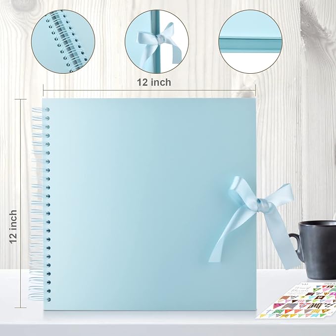 GOTIDEAL 12 x 12 Inch Scrapbook Album with 10 Metallic Markers, Blue | 80 Pages Craft Paper Photo Album for Wedding and Anniversary, Family DIY Photo Album with Scrapbooking Stickers Corners