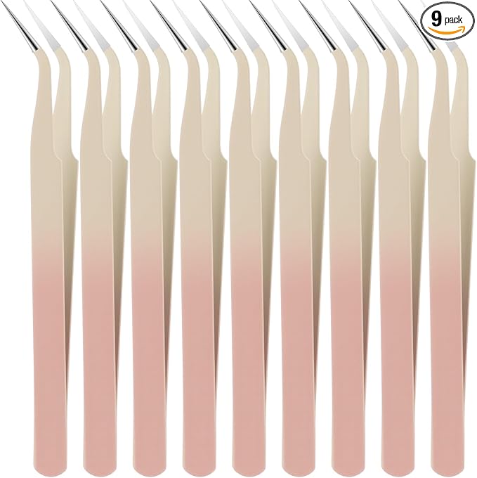 Honoson 9 Pcs Curved Pointed Craft Tweezers Precision Tweezer,Gradient Pink