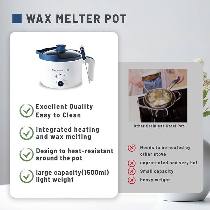 KQU Wax Melting Pot with Thermometer, Electric Wax Melter for Candle Making with Spout 1.5Qt, Small Double Boiler Pot Set for Beginner Adults