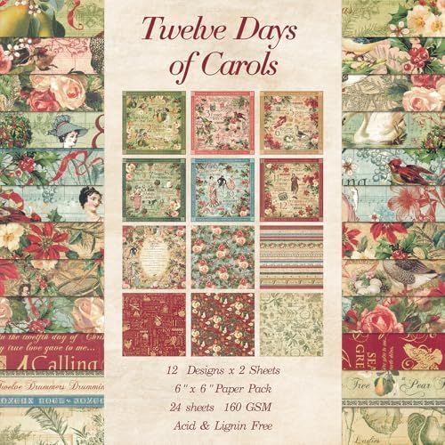 6x6" Cardstock Single Sided Scrapbooking,Craft Decorative Scrap Book Paper | 160gsm,24-Sheet 12Patterns Colored Paper,Junk Journal Supplies,Vivid Origami Papers DIY Craft Gift Wrapping Album.Carols