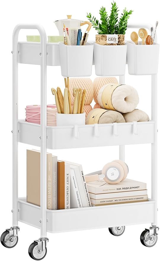 YASONIC 3 Tier Rolling Cart, Heavy Duty Metal Utility Cart with Wheel White