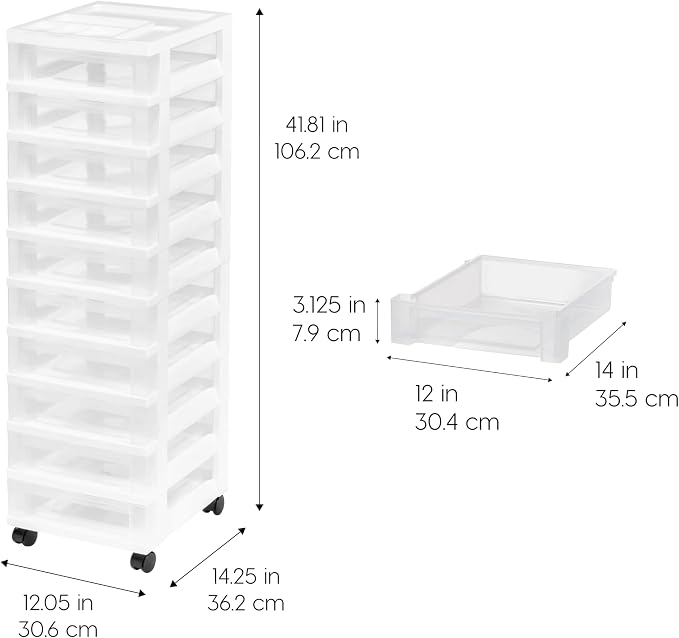 IRIS USA 10-Drawer Rolling Storage Cart, White/Clear