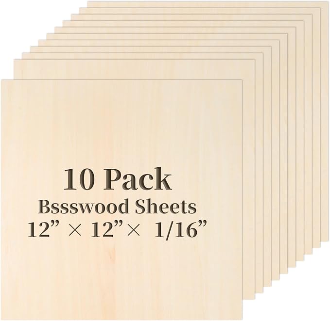 Balsa Wood, Plywood Sheet, Unfinished Basswood Blank, 12×12×1/16 in, 10 Pcs | for Laser Cutting, Engraving, Burning, Crafts, Paint; Smooth and Polished, No Burrs, Wood Craft Supplies