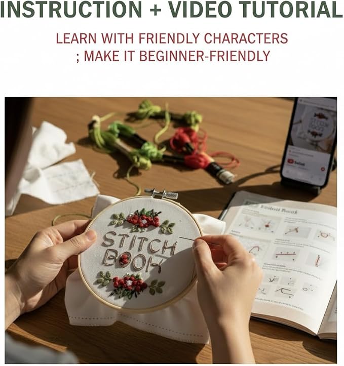 TenDawn Embroidery Stitch Book Kit, 12 Stitches, Basic Set | Fabric Practice Book, Embroidery Kit for Beginners, Easy Entry Sewing Set