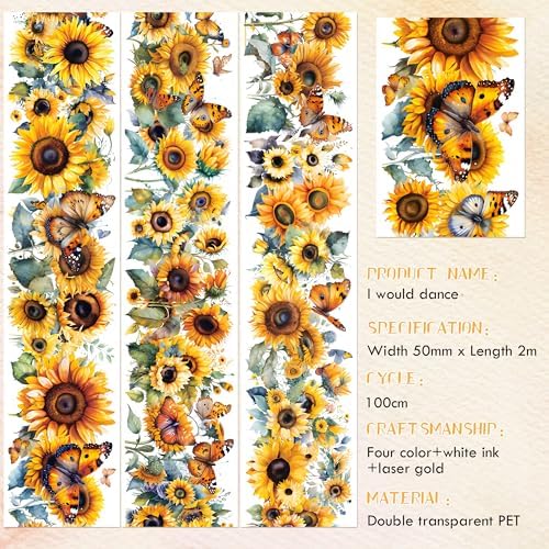 Sitsink Sunflower PET Tape for Journaling - Flower Butterfly Junk Journal Scrapbooking Supplies, Floral PET Tape for Journal Book Crafts Bottle Décor