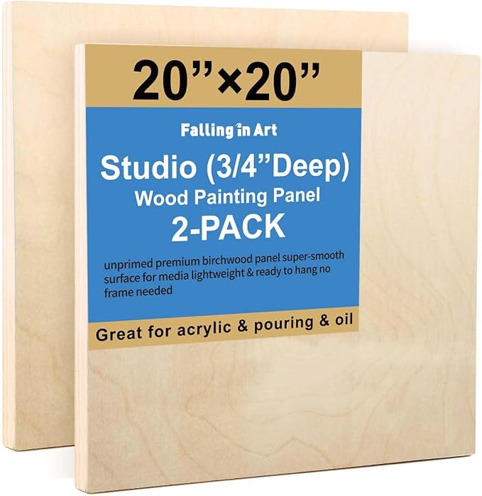 Falling in Art 2 Pack 20x20 Unfinished Birch Wood Panels Kit for Painting | Studio 3/4’’ Deep Wood Canvas, Cradle Boards for Acrylic Pouring, Art, Crafts, Epoxy Resin, Laser Engraving Cutting