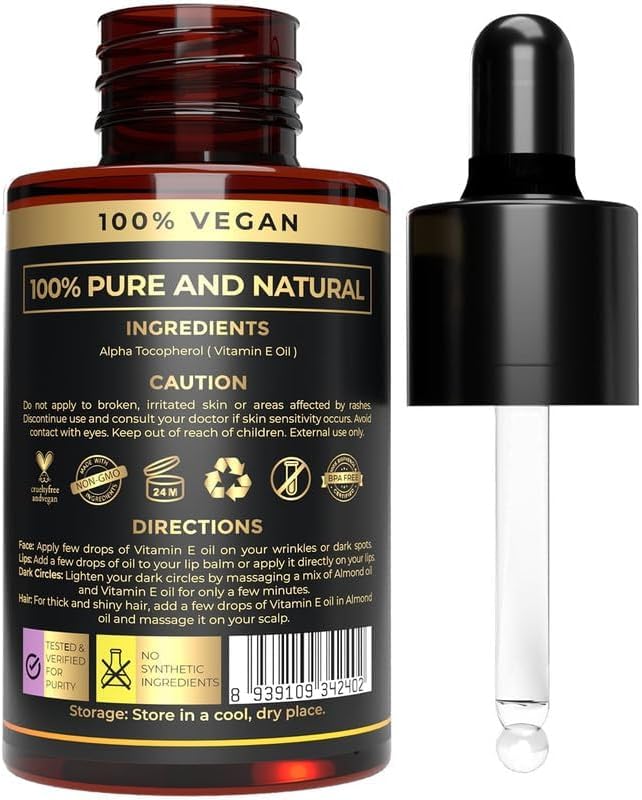 Vitamin E Oil - Cold Pressed for Skin, Face & Hair| 100% Pure Body Oil After Shower | Acne, Spots & Marks | Nails Moisturizer & Cuticle Care | Soap Making Supplies