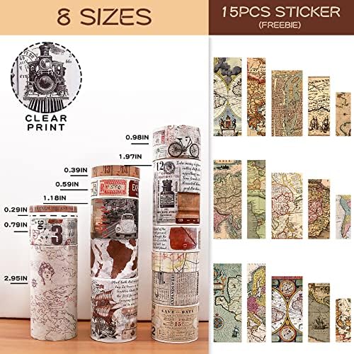 Vintage Washi Tape 18 Rolls & 15 Map Stickers Set,75/50/30/25/20/15/10/5mm Newspaper,Stamps,Old Letters,Holiday,Posters,Travels Adhesive Tape for Journaling,Scrapbook Supplies, Arts&Crafts(World)