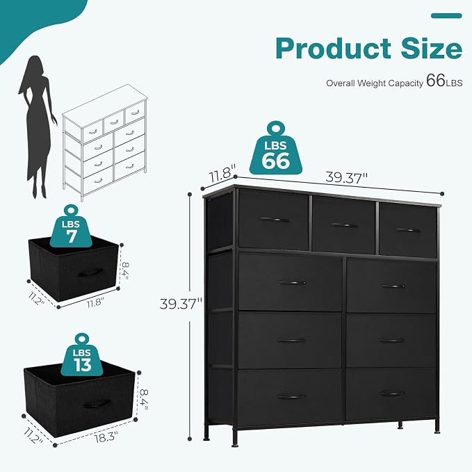 OLIXIS 9 Drawer Black Dresser for Bedroom, Closet Organizer Storage Tower
