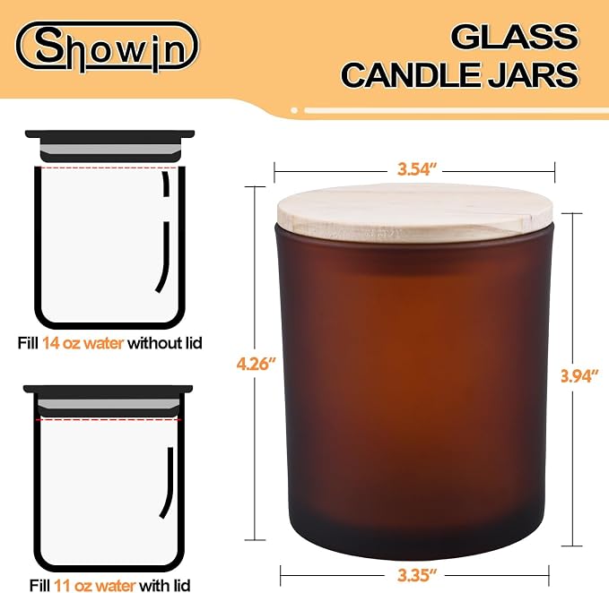 SHOWIN 14 OZ Thick Candle Jars for Making Candles 12 Pcs, 3 Wick Empty Jars with Wood Lids for Candle Making, Sample Container,Frosted Brown
