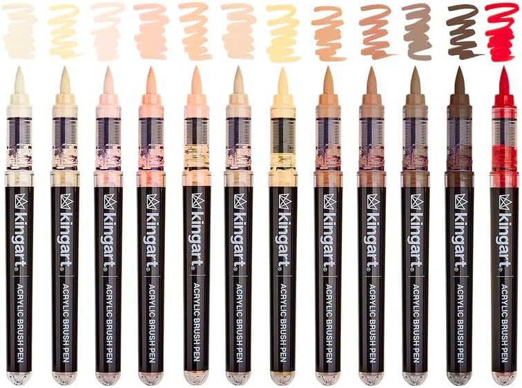KINGART Acrylic Paint Markers Brush Tip, 12 Portrait Colors. Water-based, no-bleed, waterproof pens with automatic ink control for rock, egg, wood, fabric, glass & DIY crafts