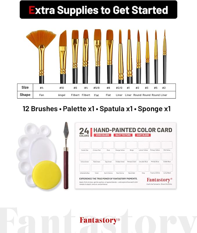 Fantastory 60ml 24 Colors Acrylic Paint Set with 12 Brushes | Waterproof, Great for Artwork & DIY Projects on Canvas, Wood, Glass, Clay, Fabric, Ceramic, Paper