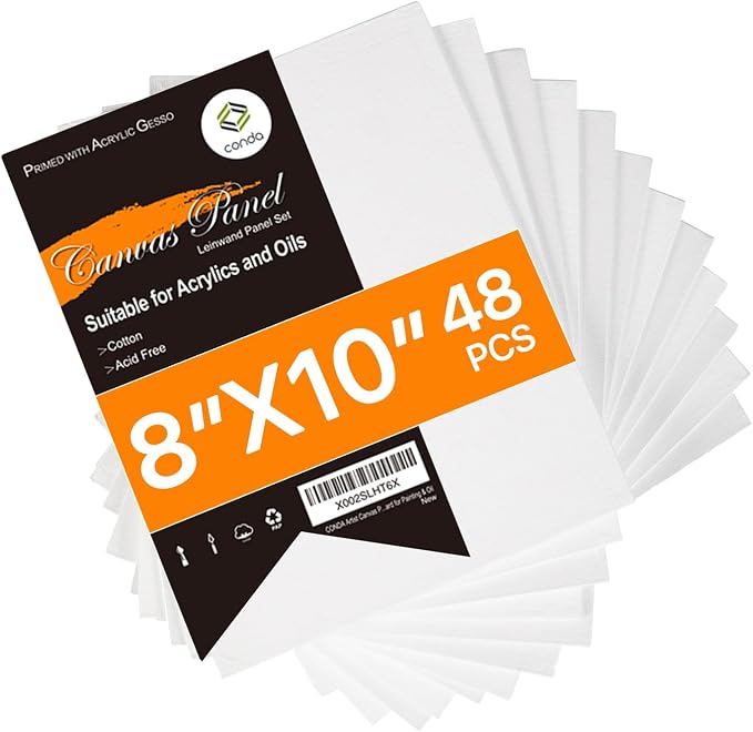 CONDA Canvases for Painting 8 x 10 inch, 48 Pack Value Bulk Blank White Canvas Boards, Primed, 100% Cotton, Acid Free Artist Canvas Panels for Painting Acrylics Watercolor & Oil