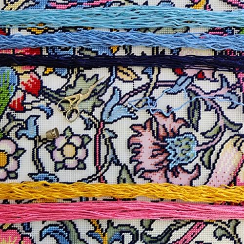 Floral Embroidery Kit for Adults and Beginners — Lodden. Carnations by William Morris 16″ × 16″ with Clear, Precise Printed Design on Cotton Canvas; Includes 2 Needles, Yarn, and Easy-Read Chart