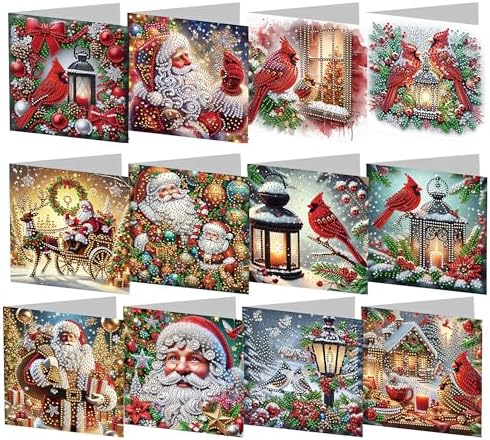 12 Pack 5D DIY Diamond Painting Christmas Greeting Card Kit, Diamond Art Birthday Holiday Greeting Card, Art Crafts Kit Creative with Envelope