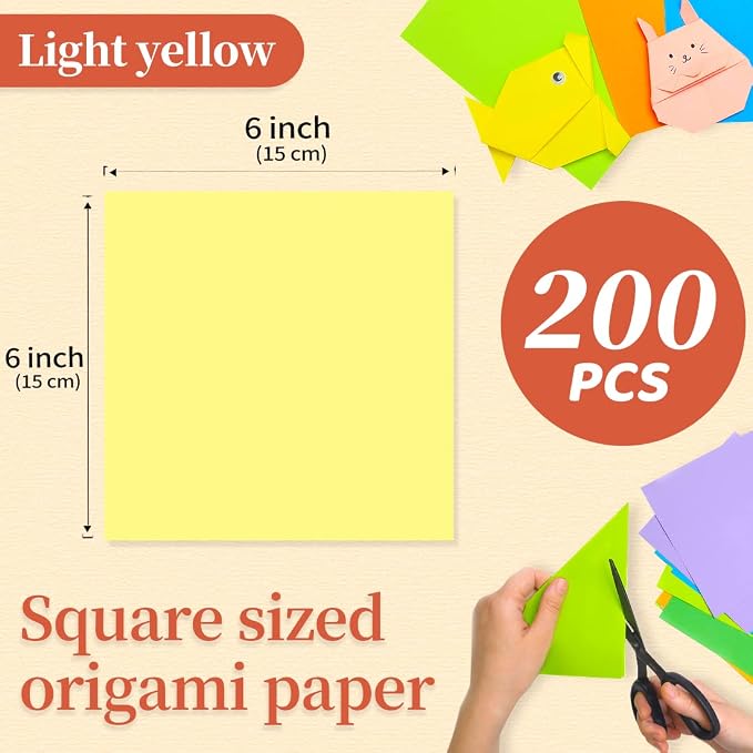 IOOLEEM Origami Paper, 200 Sheets, Light Yellow Origami Paper, 6 Inch Square, Double Sided Colored Paper for Crafts DIY Party & Decoration