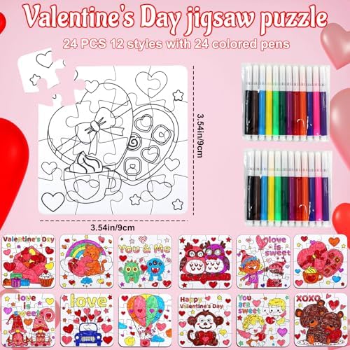 24Pcs Valentines Day Crafts Gifts Kits for Boys, Girls & Adults, Valentine's Arts and Crafts DIY Puzzle with Chocolate Cake Heart Owl, Jigsaw for Classroom Activities Party Favors Exchange Supplies