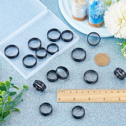 SUNNYCLUE 1 Box 24Pcs Stainless Steel Black Finger Ring Blank Core Inlay Round Grooved Rings Blank US Size 7/8/9/10/11/12 Empty Finger Findings for Jewelry Making Kits Men Women DIY Craft Supplies