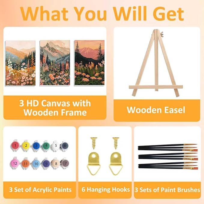 Mandun Landscape Paint by Numbers Kit for Adults, 3 Pack, 7.8x11.8 inch | DIY Painting Kits Crafts for Adults, Relieve Stress, Frame Canvas, Wooden Easel, Gift Box, Home Wall Decor